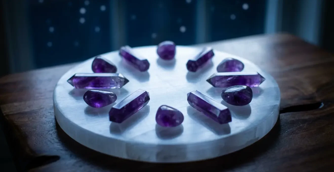 Amethyst crystals being charged on selenite plate under soft moonlight