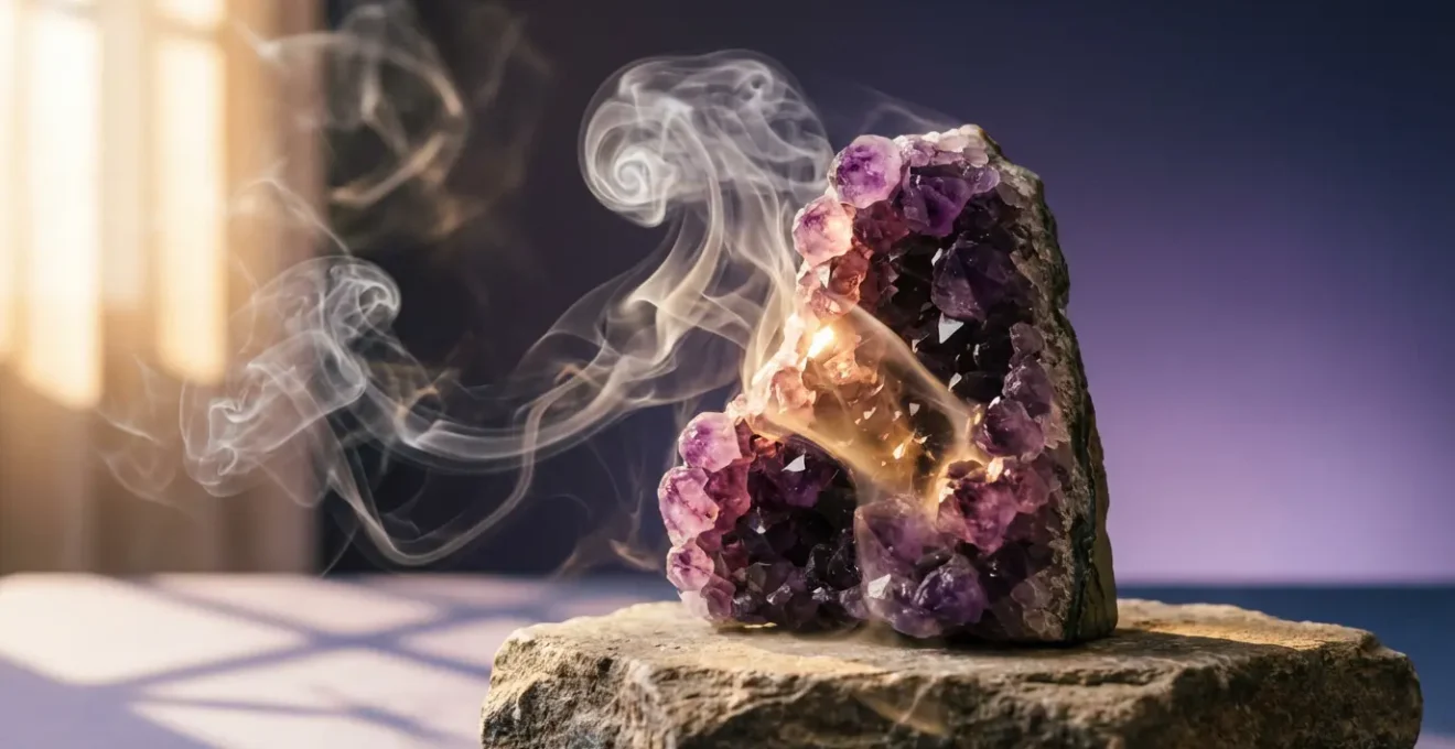 Deep purple amethyst cluster with ethereal lighting showcasing spiritual energy and divine connection