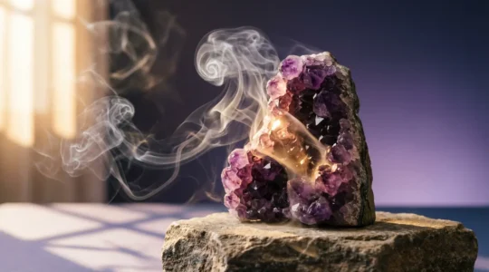 Deep purple amethyst cluster with ethereal lighting showcasing spiritual energy and divine connection
