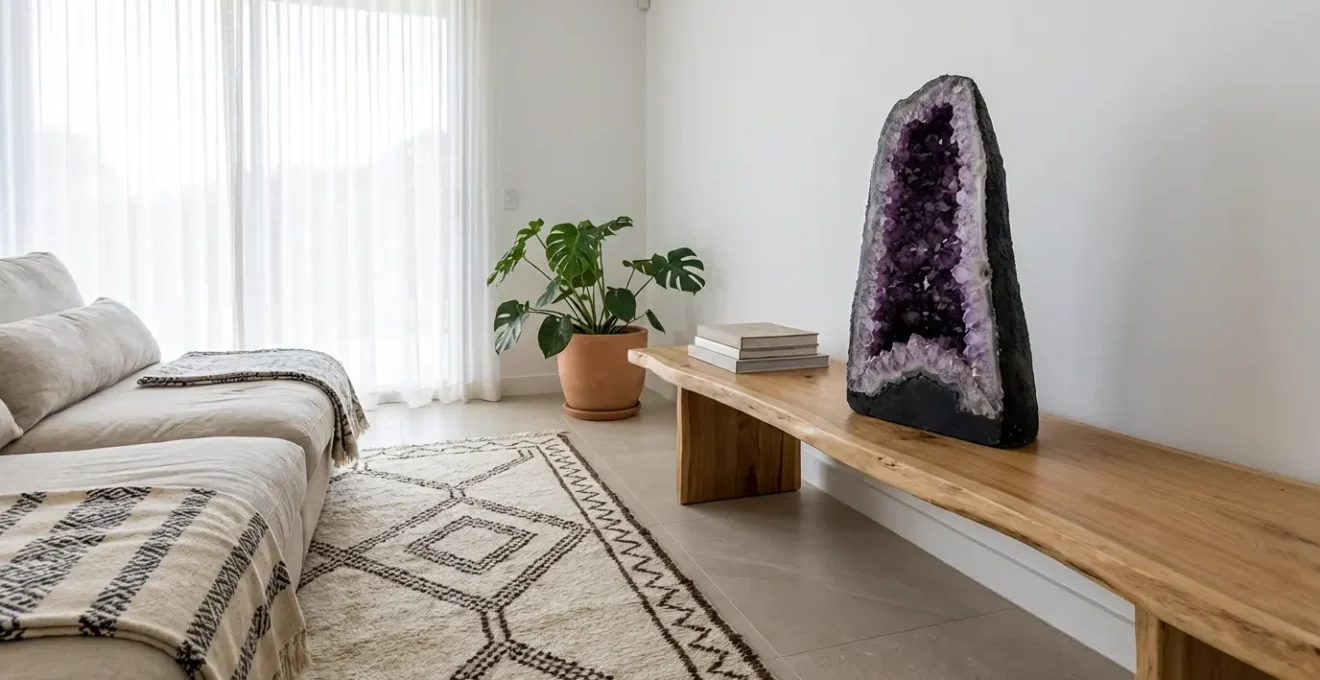 Large amethyst geode positioned in modern living room creating peaceful energy flow