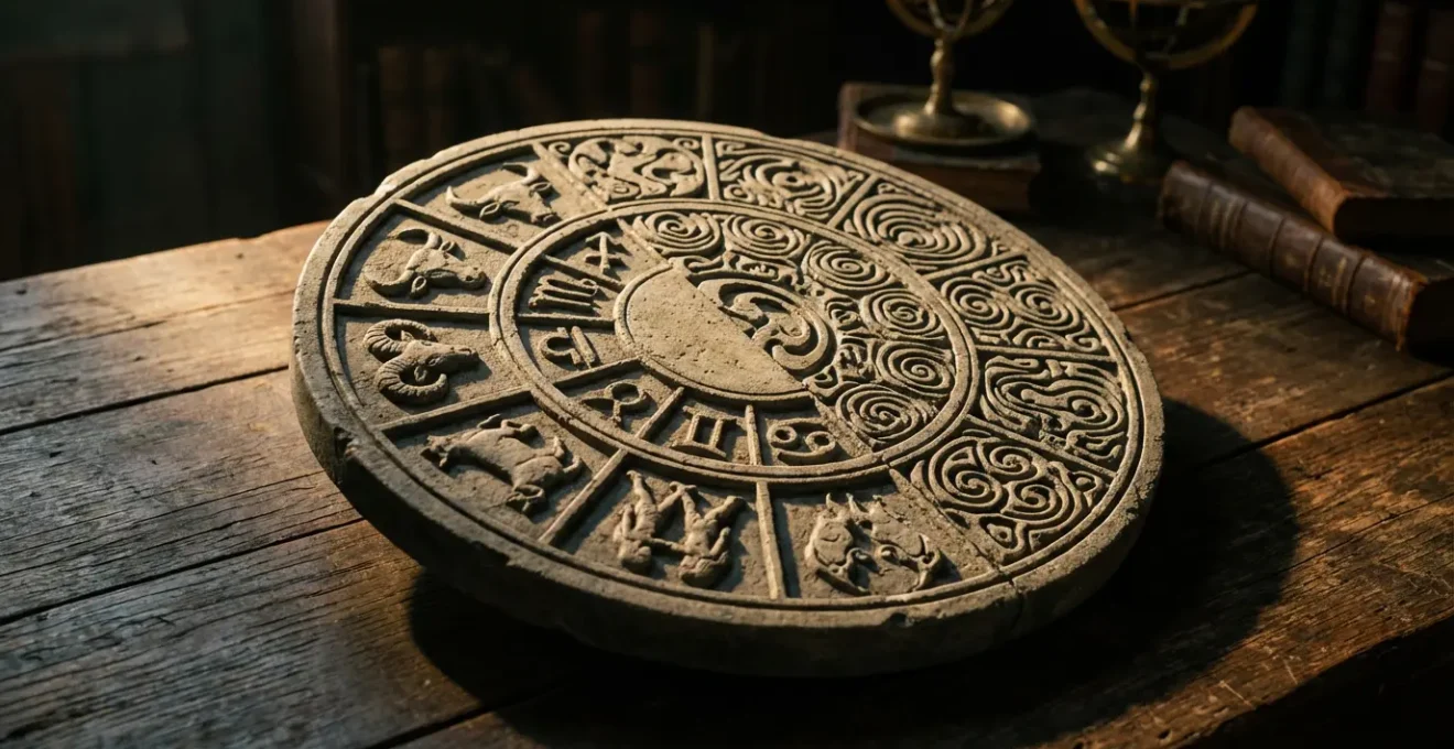 Mystical zodiac wheel transitioning from stereotypical symbols to deeper psychological archetypes