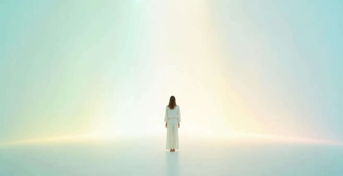 Person surrounded by visible colored energy field with highlighted chakra points