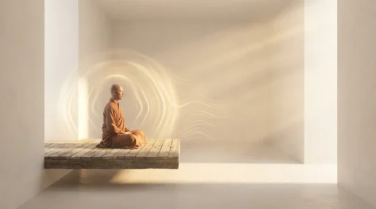 A person meditating in soft golden light surrounded by flowing energy waves representing high vibrational frequency