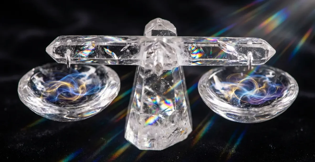 Macro shot of balanced scales of crystal with light refracting through them creating rainbow patterns