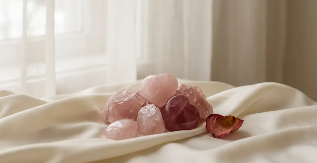 Rose quartz healing crystals arranged on soft fabric symbolizing emotional heart healing