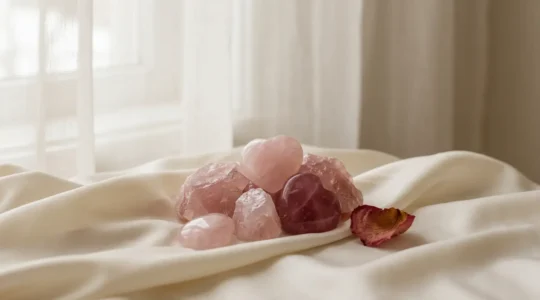 Rose quartz healing crystals arranged on soft fabric symbolizing emotional heart healing