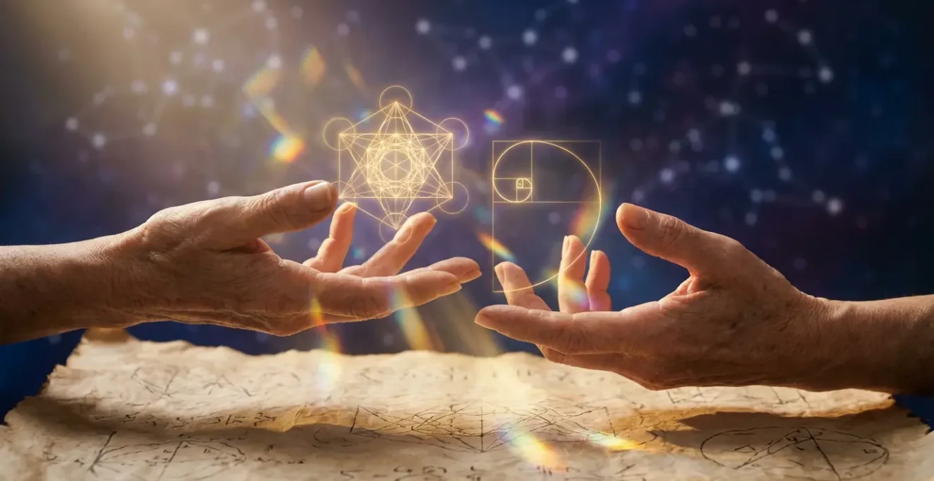 Mystical scene showing hands calculating numerology life path with sacred geometry symbols