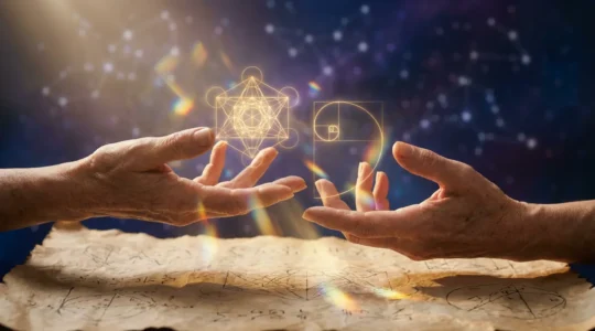Mystical scene showing hands calculating numerology life path with sacred geometry symbols