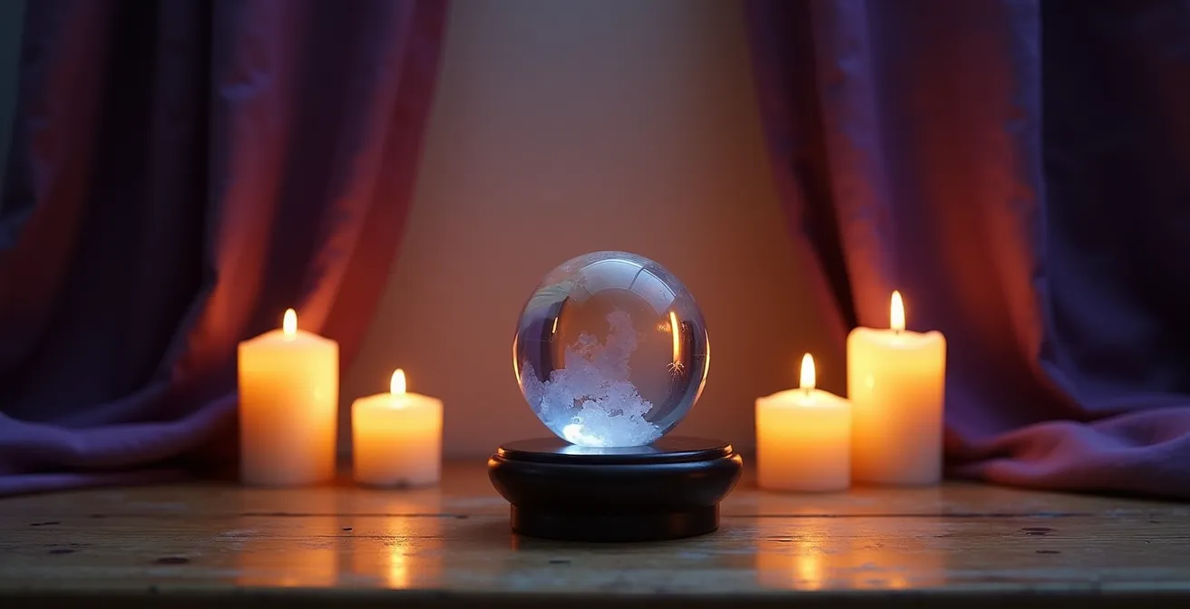 Atmospheric crystal ball setup with strategic candle placement creating soft ambient lighting