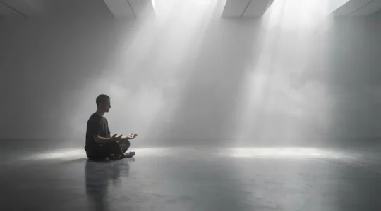 Person in meditation sensing energy vibrations in a serene environment