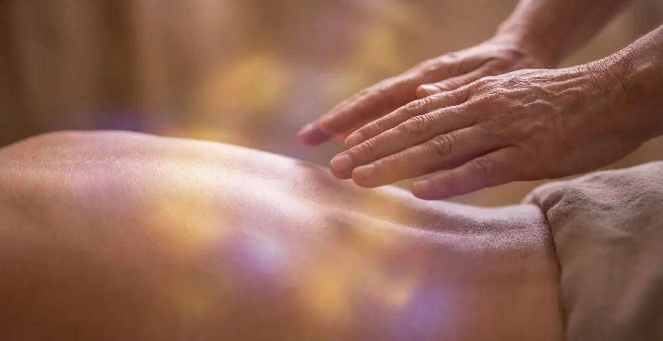 Close-up of hands hovering over glowing energy points along the spine with soft colored light, representing a chakra scan.