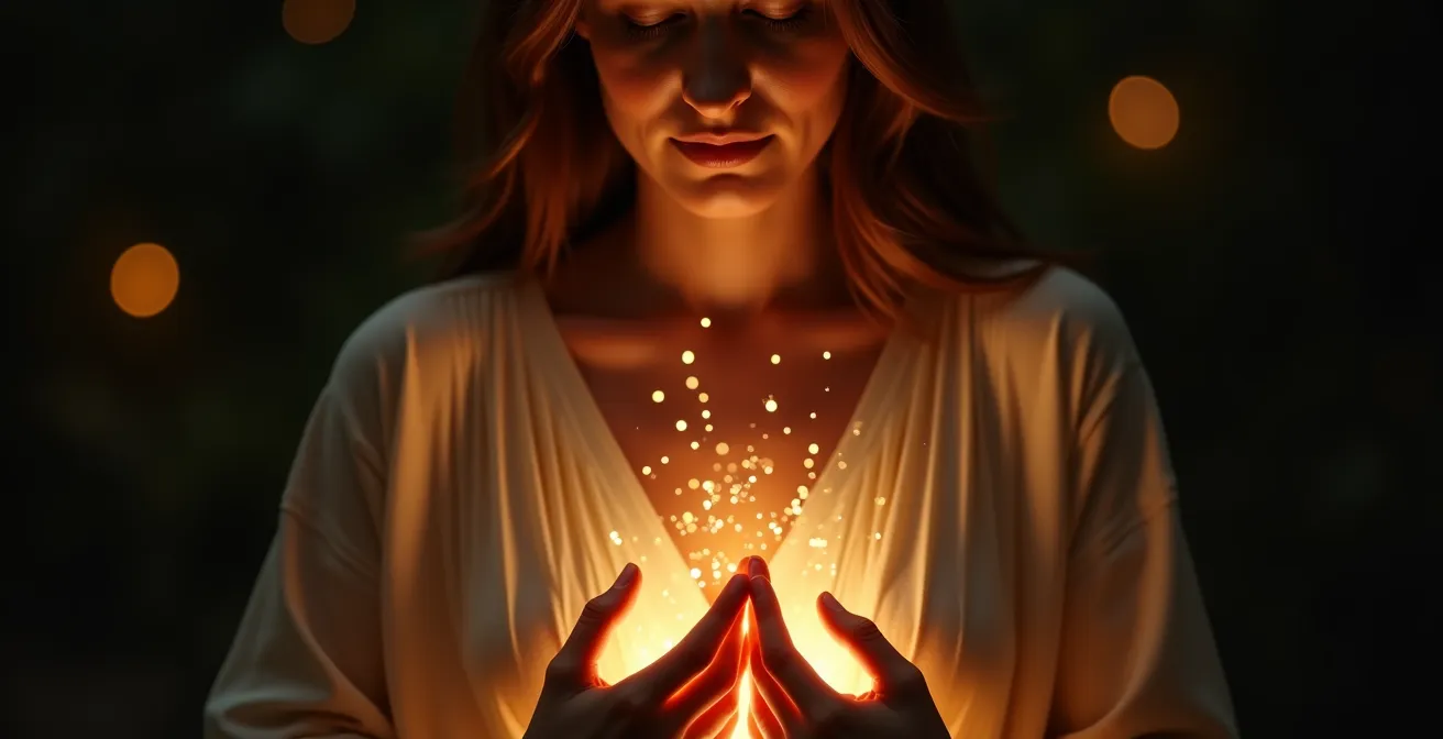 Person surrounded by golden healing light during energy cord cutting meditation ritual