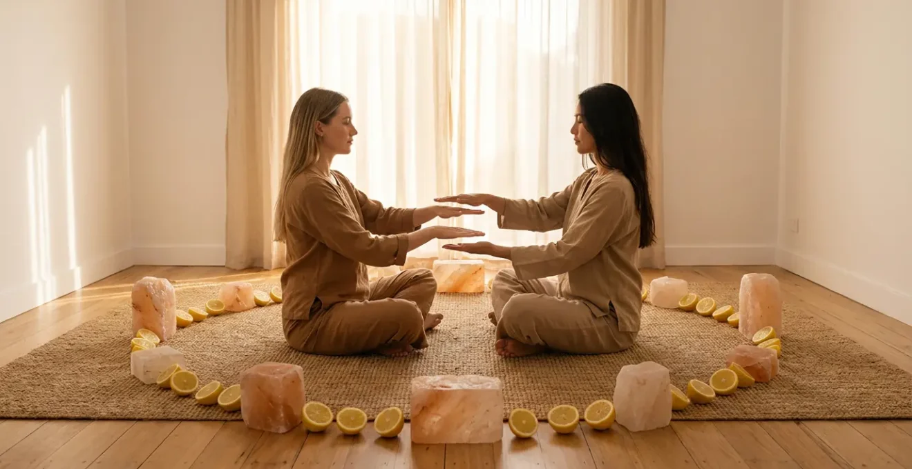 Couple meditating together surrounded by protective energy field
