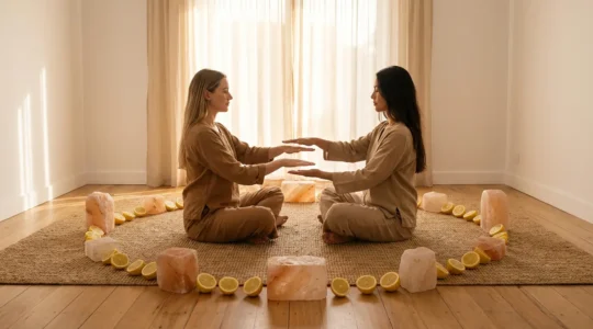 Couple meditating together surrounded by protective energy field