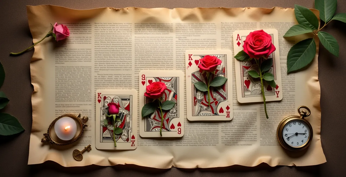 Artistic arrangement of tarot court cards showing relationship evolution phases