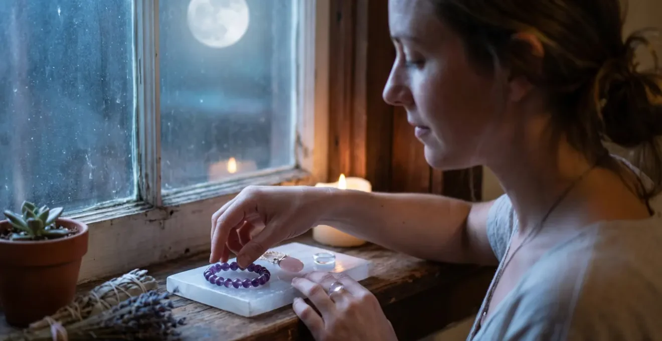 Crystals arranged on selenite charging plate under soft moonlight on wooden windowsill
