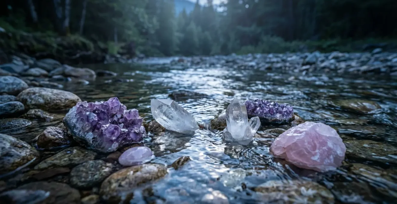 Crystals being cleansed in a natural stream under moonlight