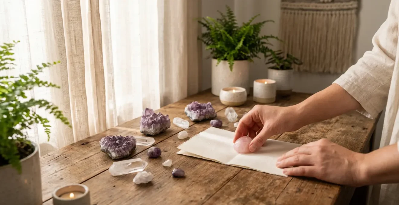 Hands writing crystal contract for love manifestation with crystals arranged around