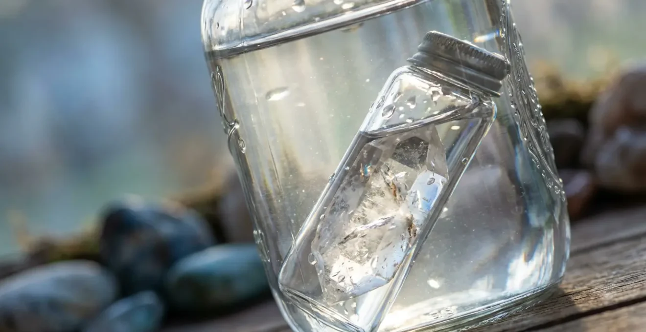 Glass within glass double container setup for safe crystal elixir preparation showing clear quartz in inner vessel