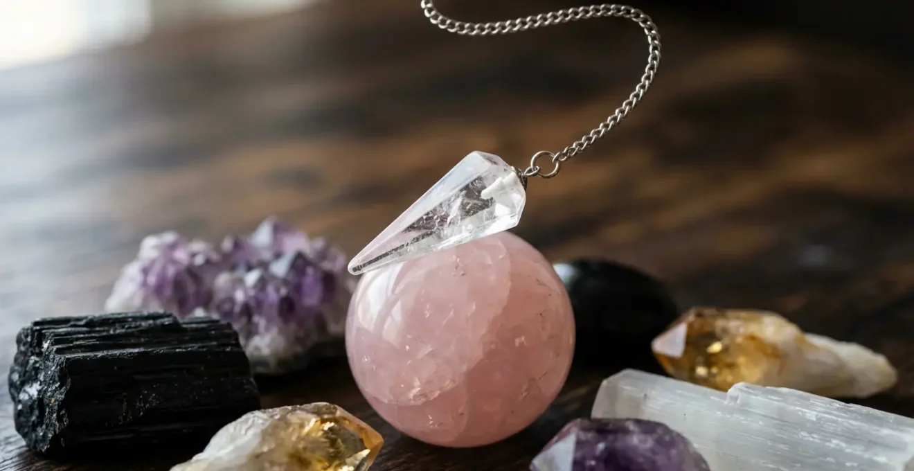 Hands holding a pendulum over various healing crystals to test energetic resonance