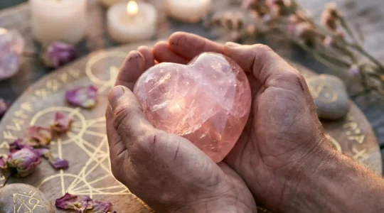Crystal programming ritual for manifesting love with rose quartz heart and sacred geometry