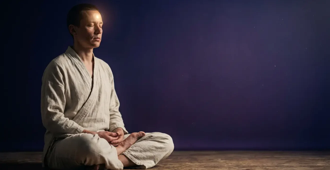 A serene meditator in deep trance state with ethereal light emanating from third eye region