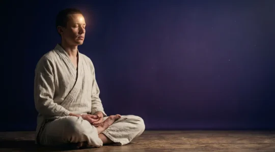 A serene meditator in deep trance state with ethereal light emanating from third eye region