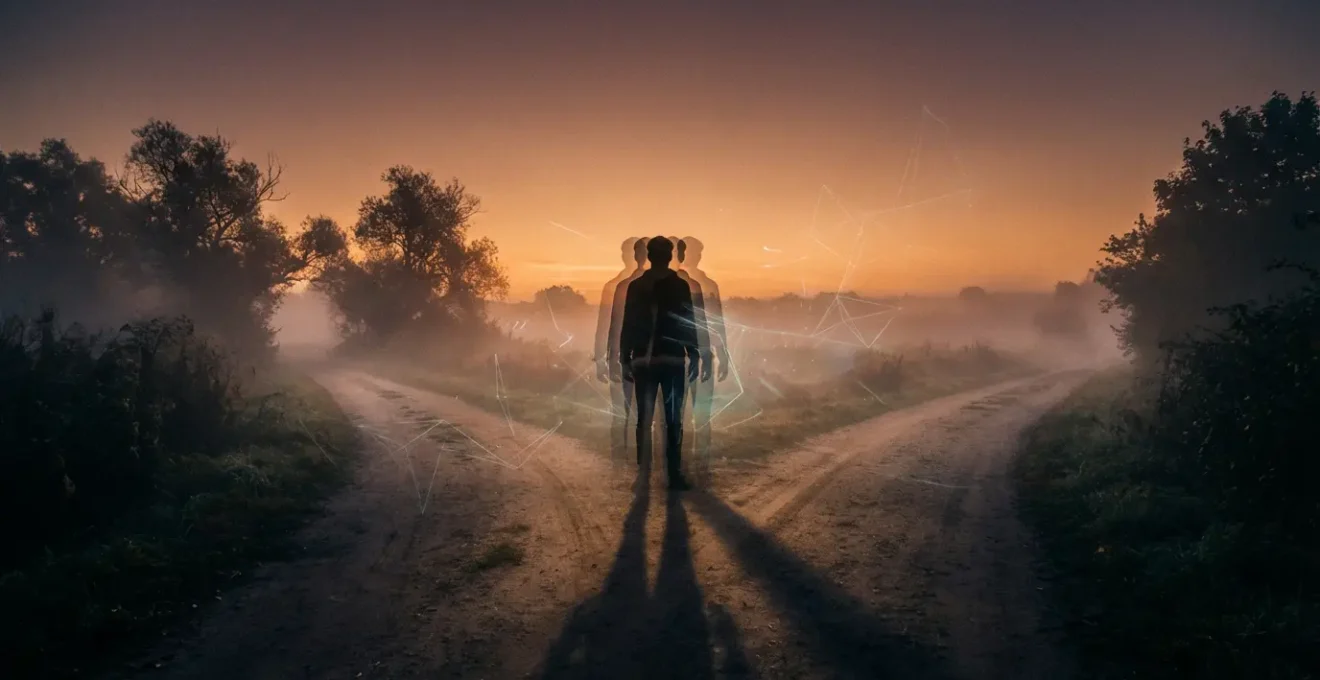 Mystical visualization of deja vu phenomenon showing a person experiencing temporal overlap between past and present consciousness