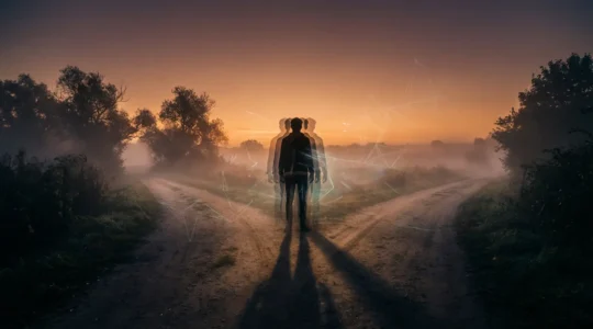 Mystical visualization of deja vu phenomenon showing a person experiencing temporal overlap between past and present consciousness