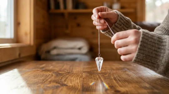 Hands holding a crystal pendulum over dowsing charts for divination practice