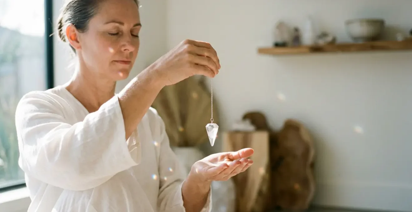 Professional energy healer using a crystal pendulum to read subtle energy fields in a peaceful healing space