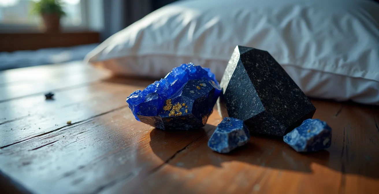 Peaceful bedroom setup with crystals on nightstand for dream programming