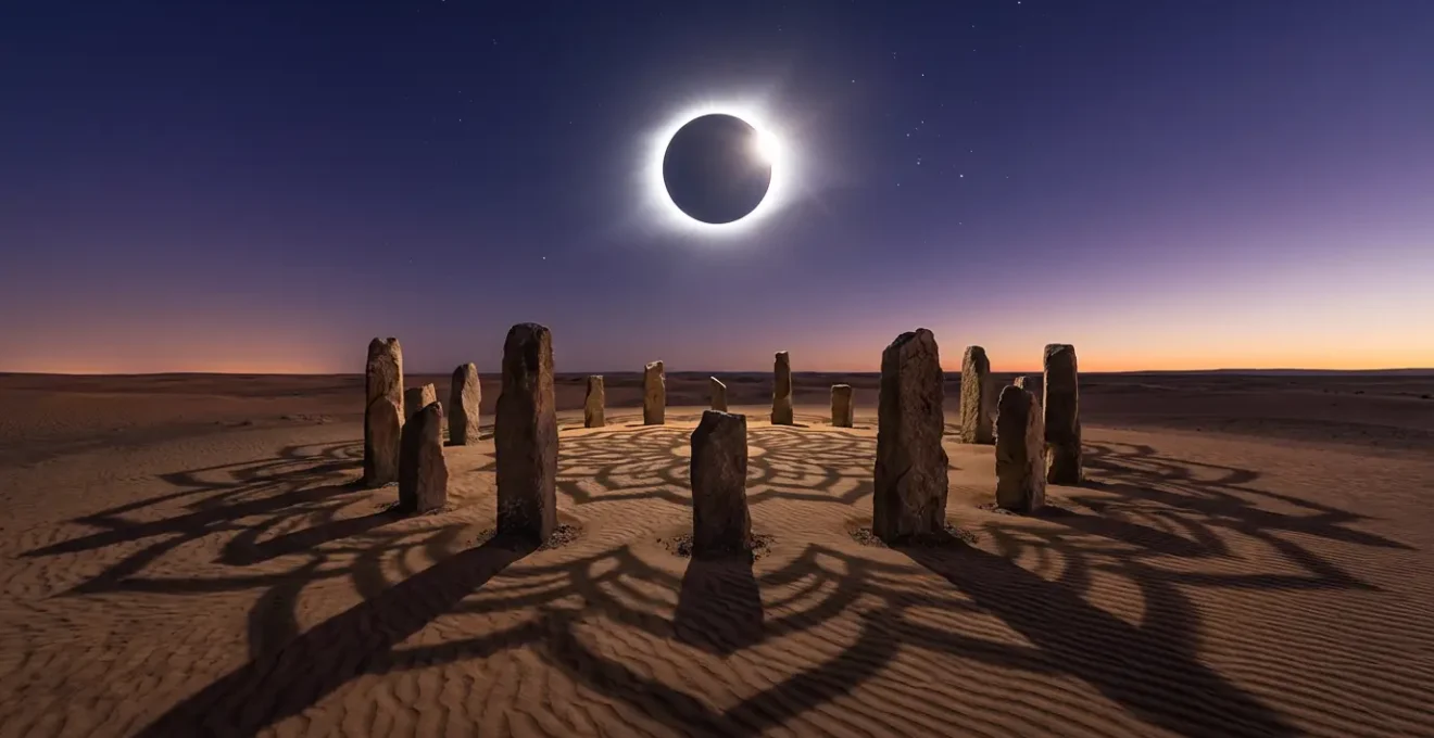 A dramatic solar eclipse creating a portal of light between two celestial spheres