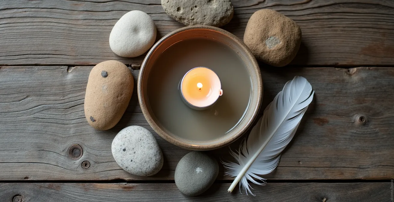 Four natural elements represented through stones, water, feathers and candle flame in a meditative arrangement