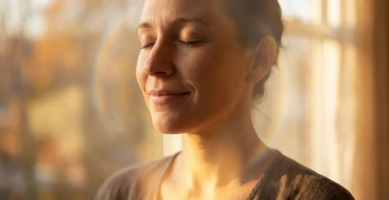 Close-up portrait of person with golden light emanating from within, eyes closed in peaceful meditation