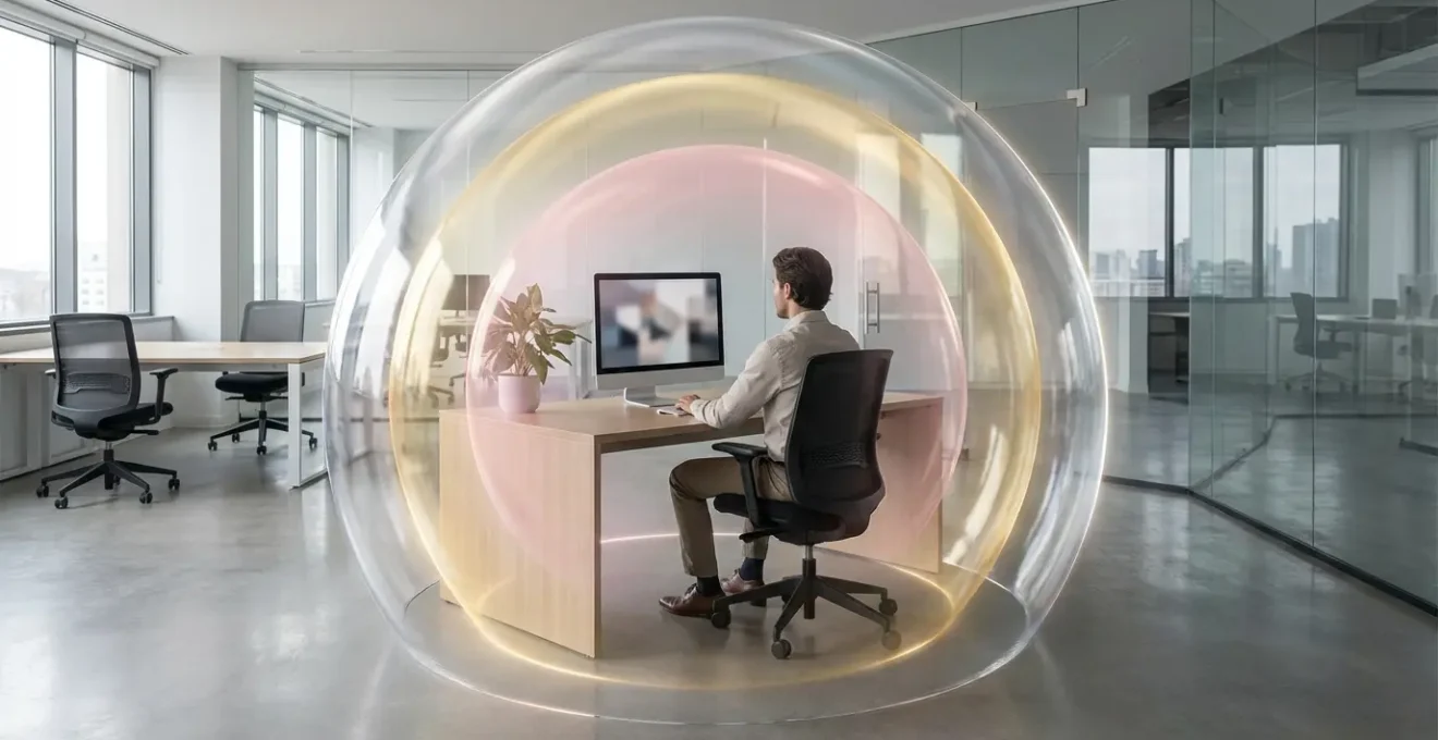 Multiple translucent energy layers surrounding a person in an office environment