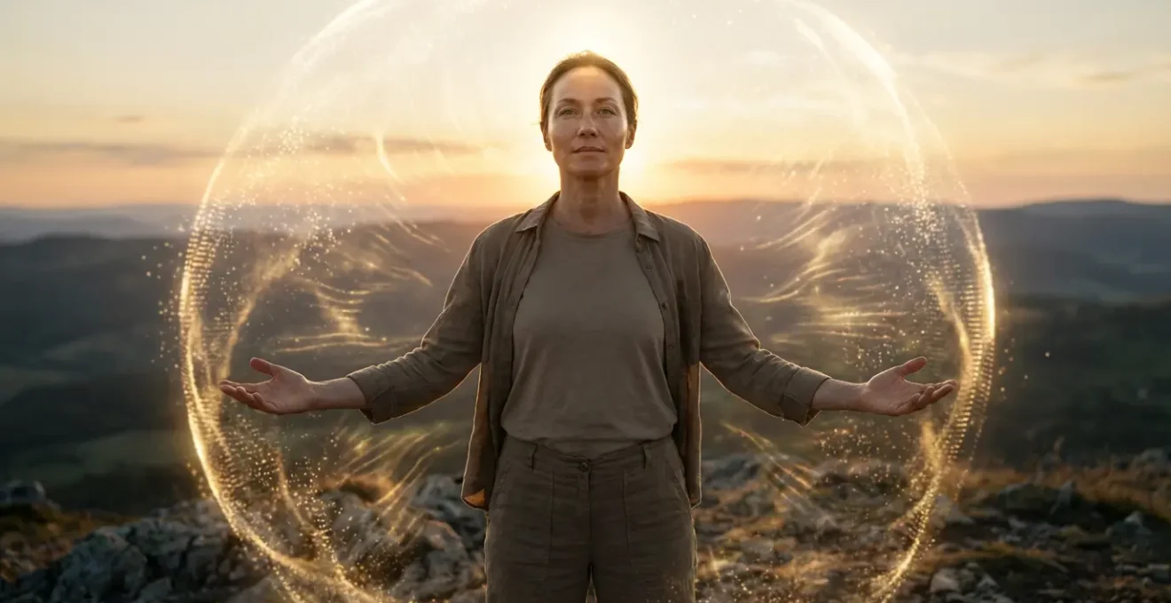 Person standing with arms outstretched surrounded by a golden protective light shield, symbolizing energetic power reclamation and boundary setting