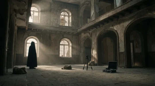 Beginner investigator exploring paranormal activity with scientific equipment in abandoned Victorian mansion