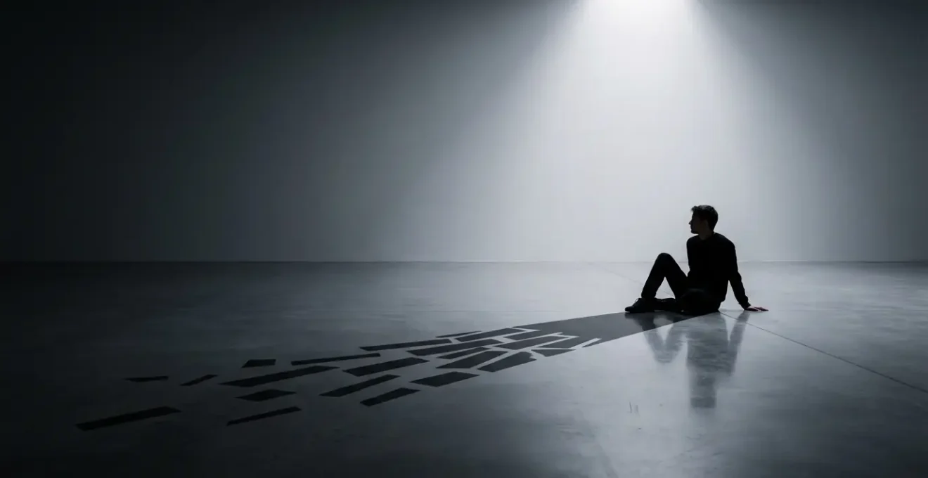 Person in meditation with contrasting shadow representing fear blocking energy flow