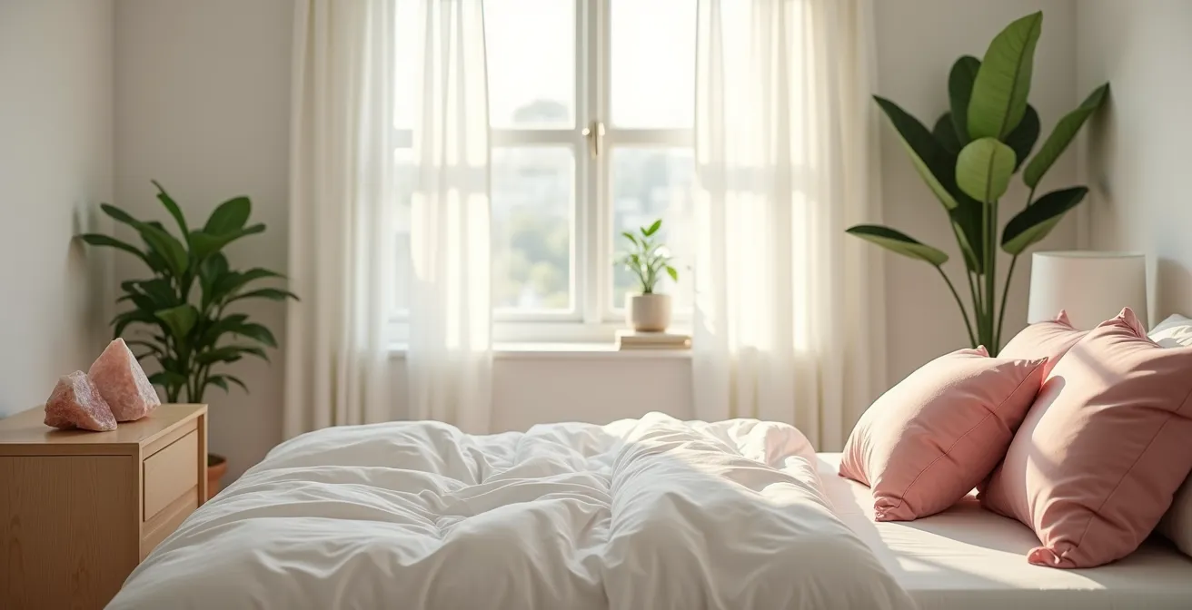 Serene bedroom setup with crystals and plants arranged for energy healing after breakup