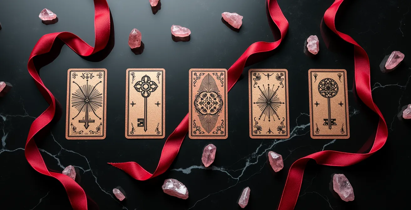 Five tarot cards arranged in key pattern on dark surface