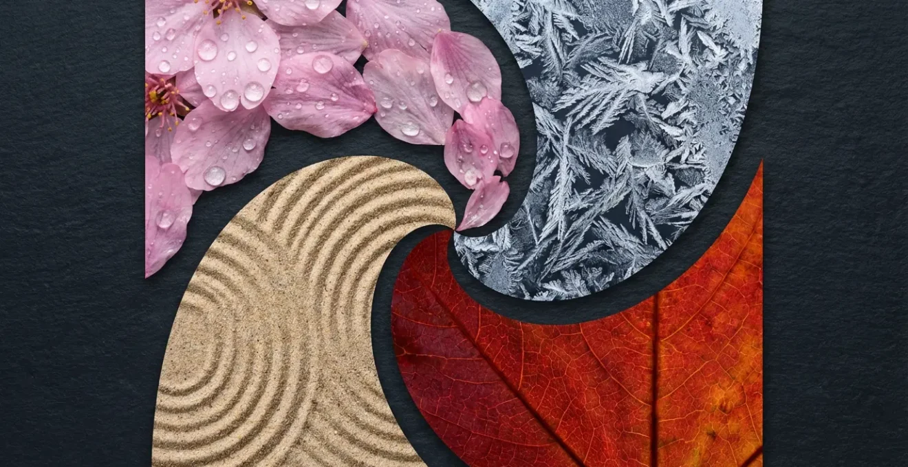 Four seasonal landscapes representing different life pinnacles flowing into each other