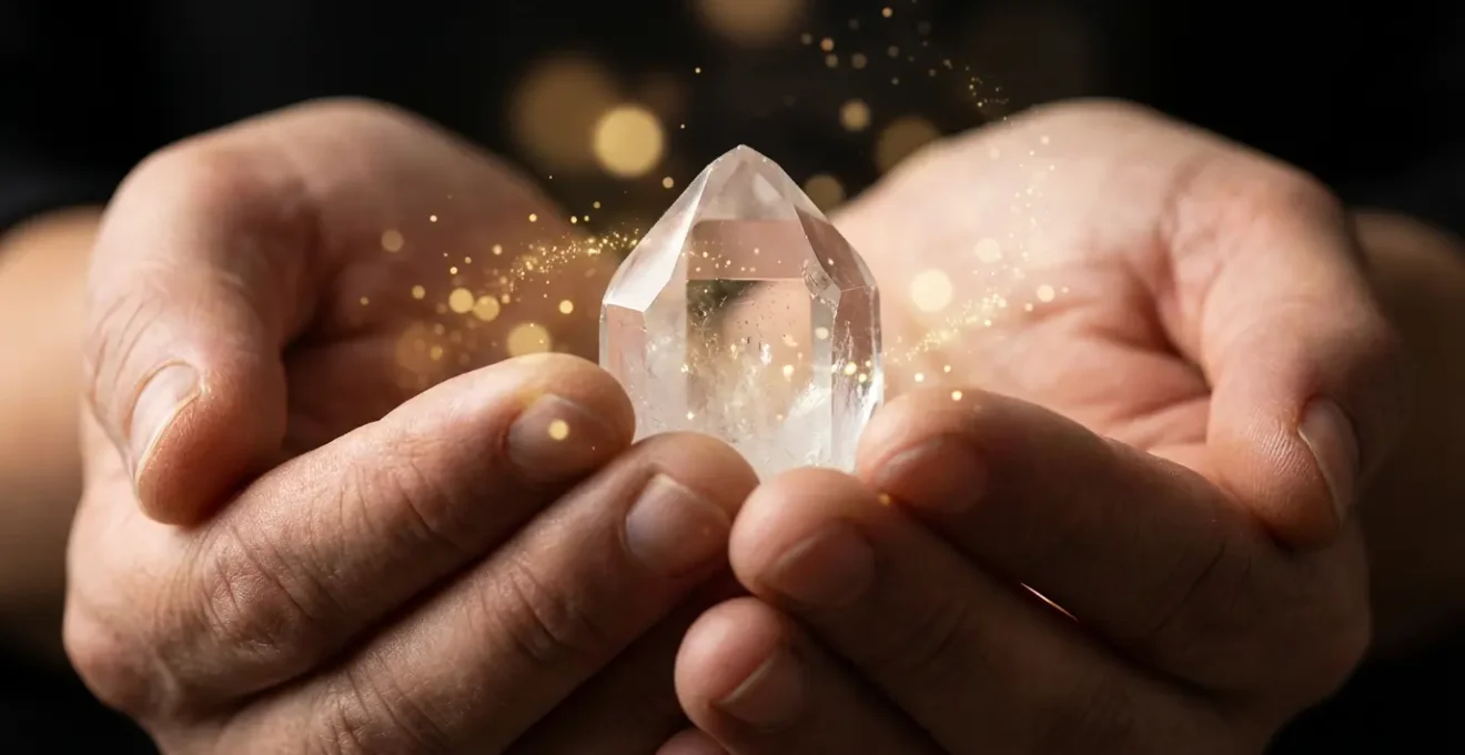 Hands gently cupping a glowing quartz crystal with energy emanating