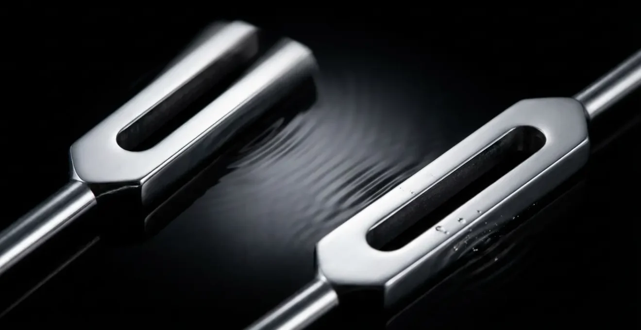 Two tuning forks vibrating in synchronization creating visible sound waves pattern