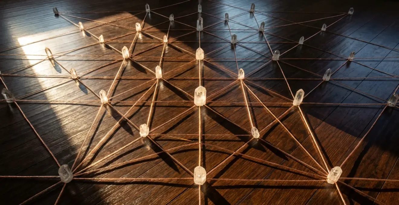 Visual representation of intersecting Hartmann and Curry energy grid lines in a living space