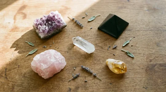 Natural arrangement of healing crystals including amethyst, rose quartz, clear quartz, shungite and citrine on neutral wooden surface for holistic wellness