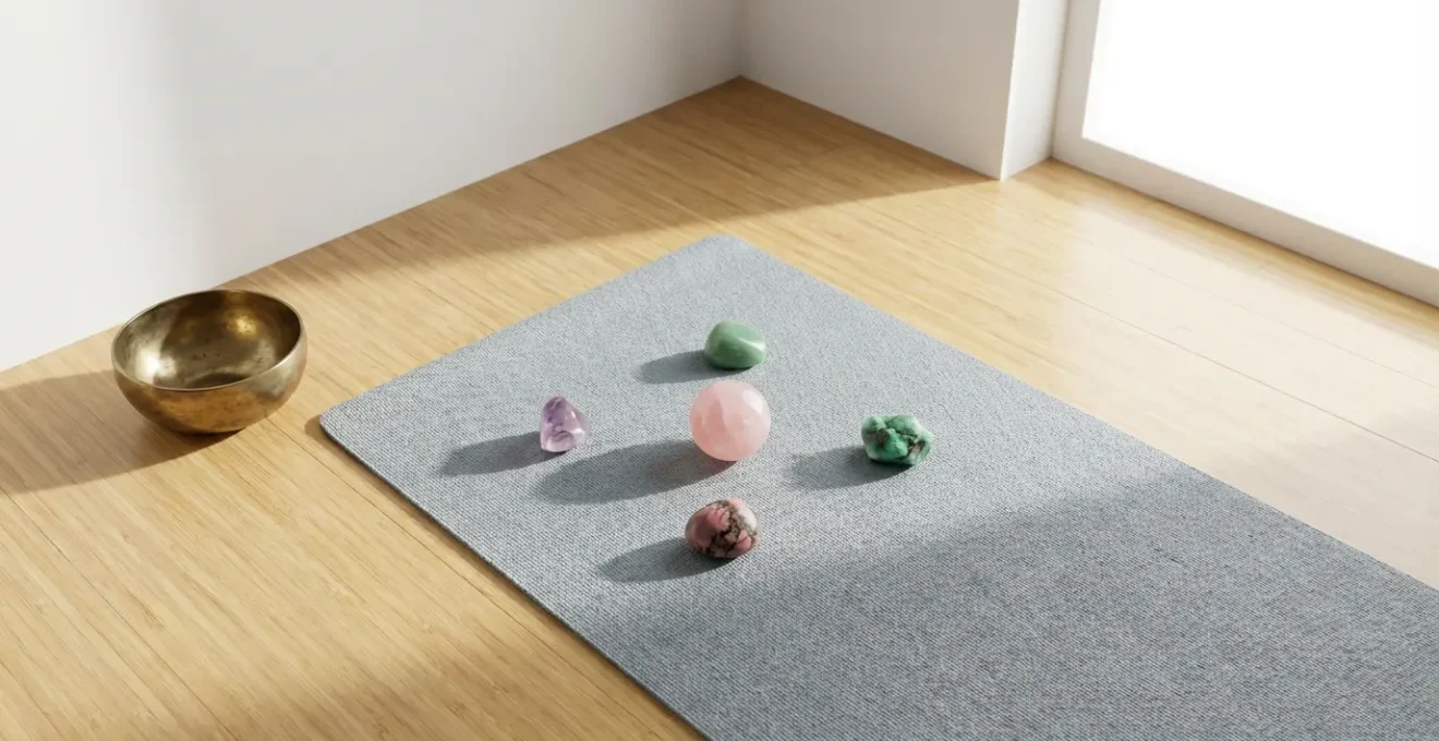 Crystal healing grid arrangement on meditation space for heart chakra