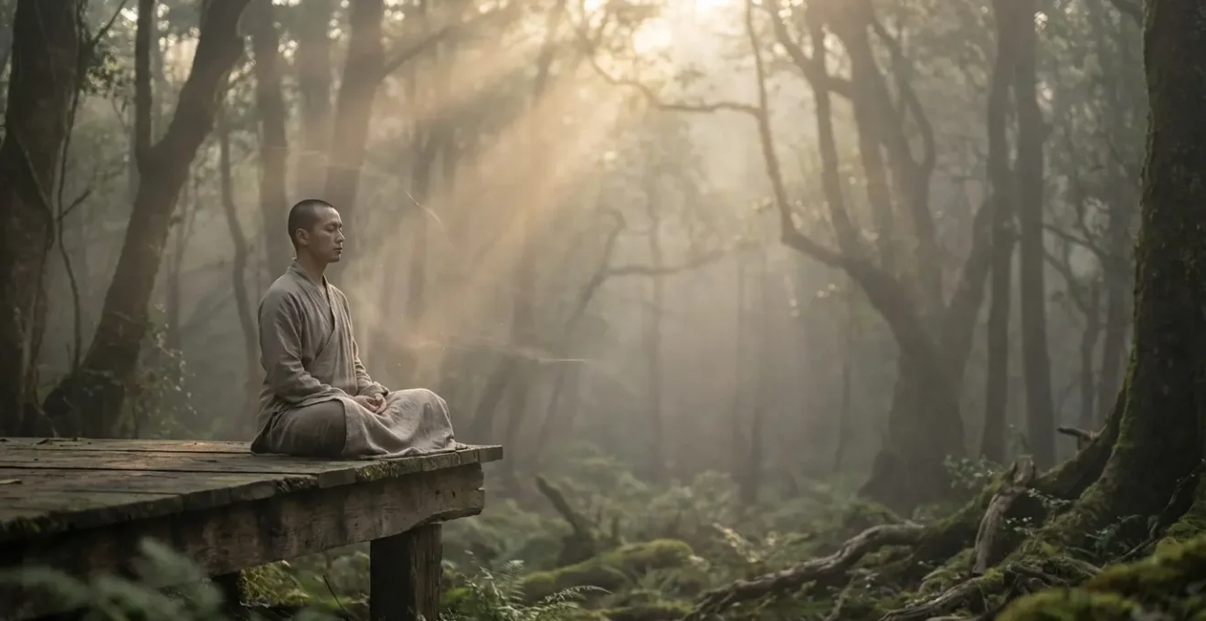 Person meditating in peaceful nature setting with ethereal energy radiating from their body