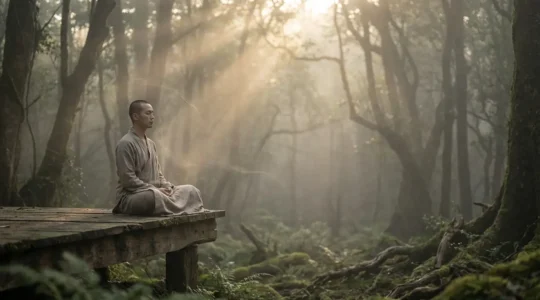 Person meditating in peaceful nature setting with ethereal energy radiating from their body