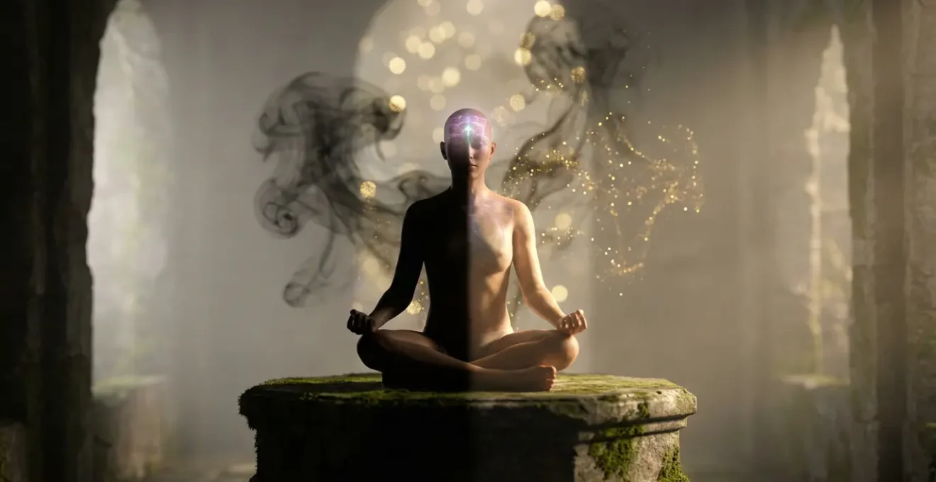 Person meditating with ethereal light emanating from their third eye area while dark shadows recede